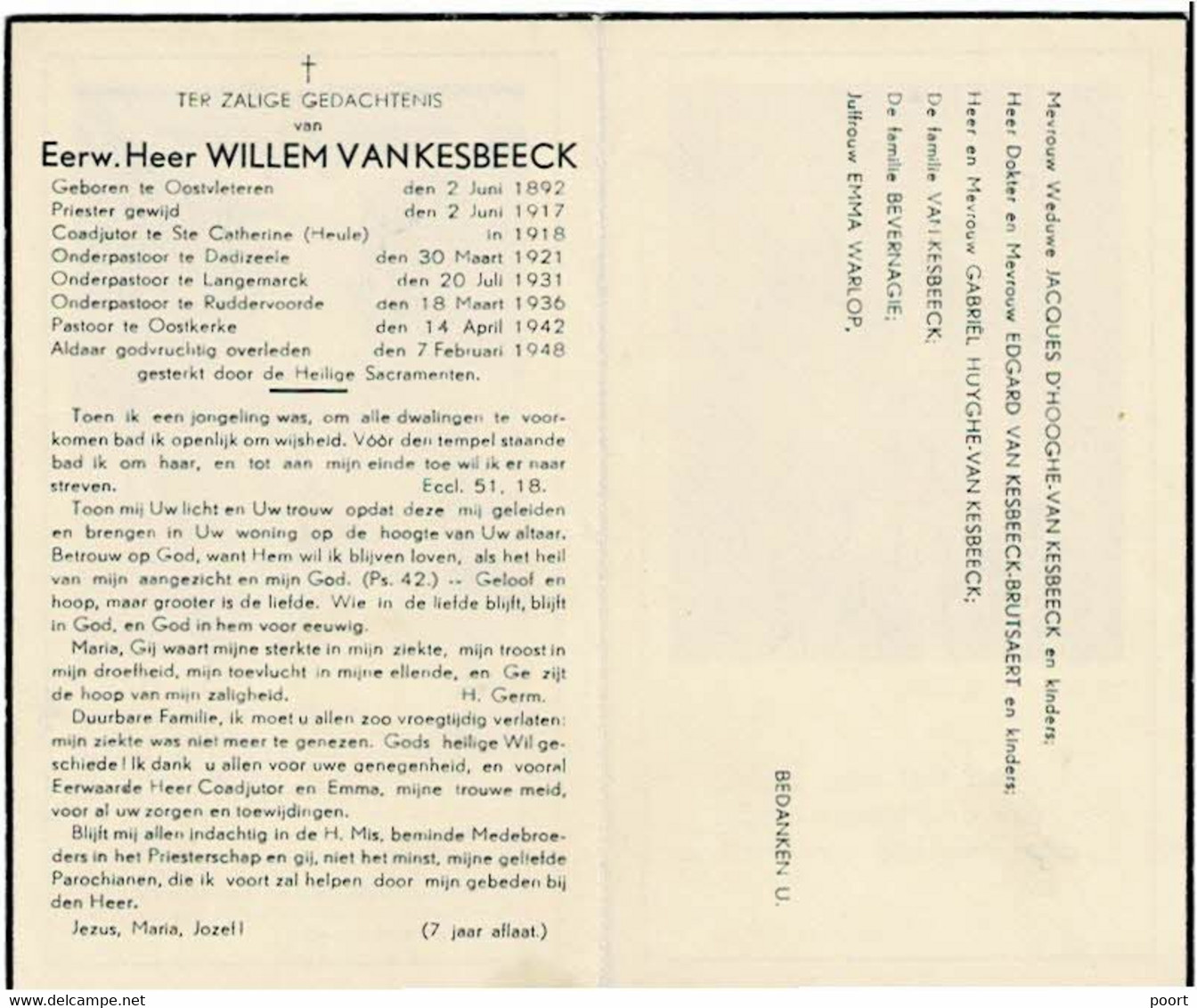 OOSTVLETEREN / HEULE / DADIZELE / LANGEMARK / RUDDERVOORDE /OOSTKERKE - E.H. Willem VANKESBEECK, Pastoor +1948 - Devotieprenten