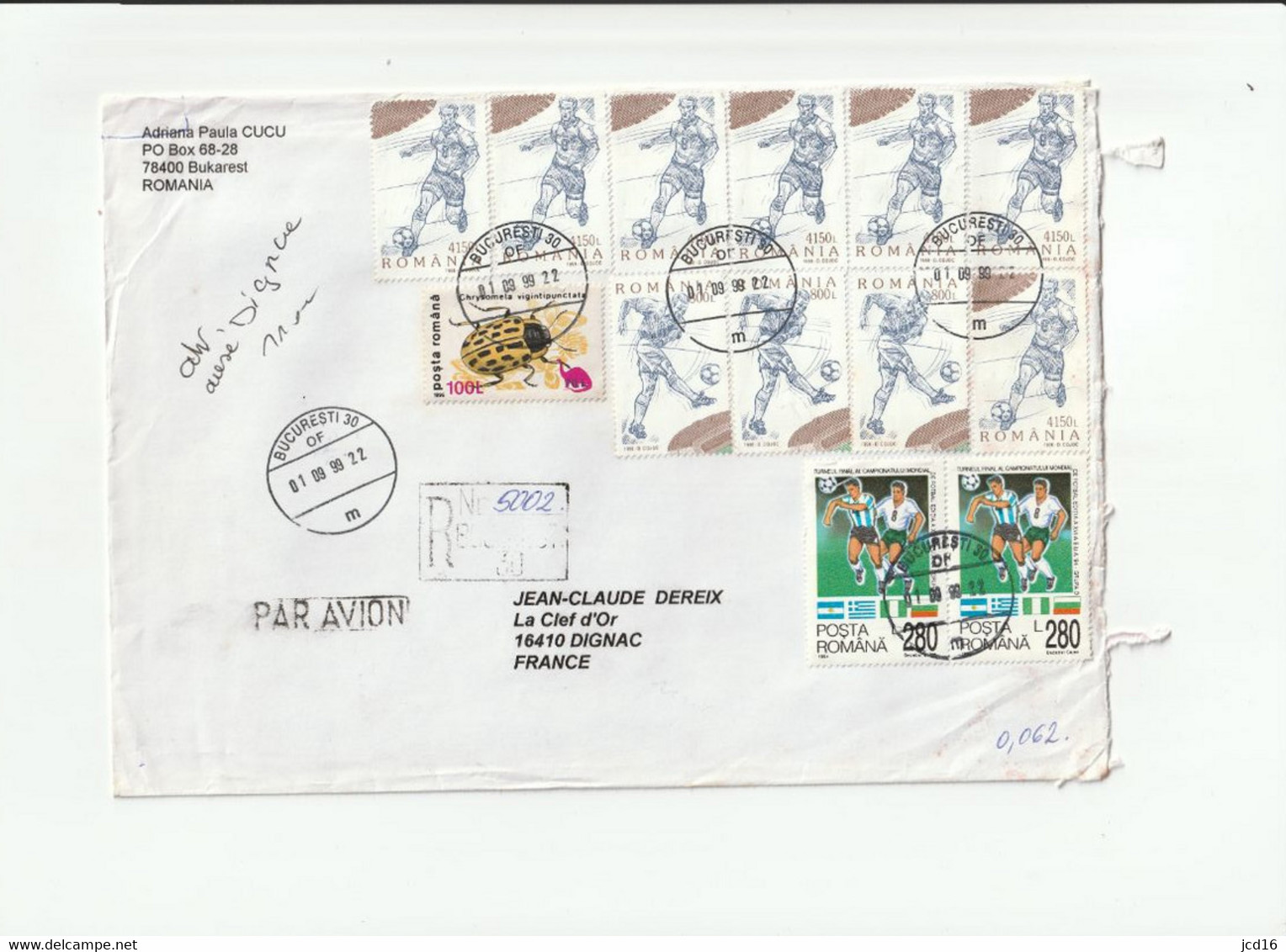 ROUMANIE ENVELOPPE 13 Timbres De 1994/1996/1998 Joueurs Football YT N°4450,44447,4173 & 4525 Adriana CUCU  Bucarest 1999 - Marcophilie