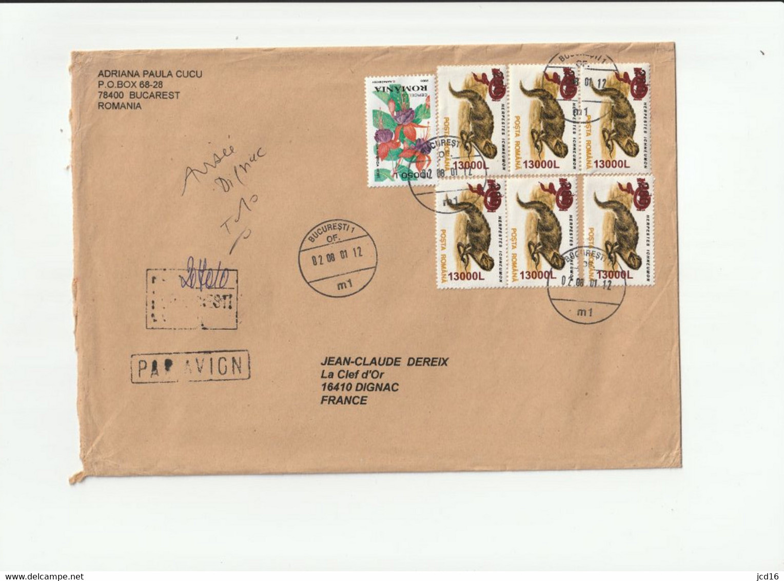 ROUMANIE ENVELOPPE 7 Timbres De 2000 Et 2001 YT N° 4590 & 4660 Fleurs Adriana CUCU  Bucarest 2001 - Marcophilie