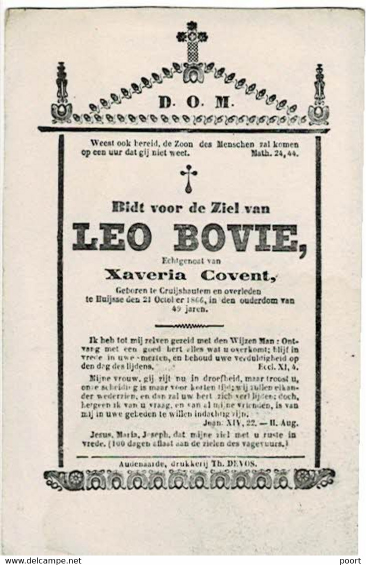 KRUISHOUTEM / HUISE - Leo BOVIE - Echtg. Xaveria COVENT - Overleden 1866 - Images Religieuses