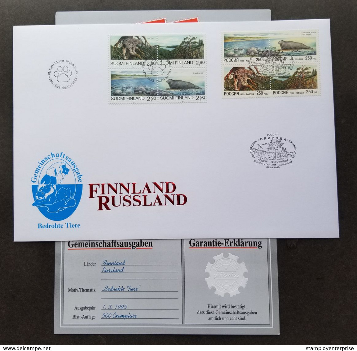 Finland Russia Joint Issue Nature Protection 1995 Marine Wildlife Seals Lynx  (FDC) *dual PMK *guaranty Card *limited - Cartas & Documentos