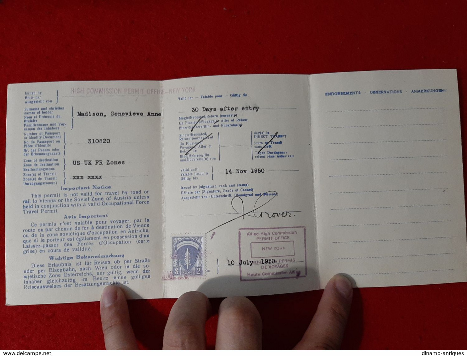 1950 Allied Force Permit - Passport Passeport Issued In The New York For Travel To Austria - AMG Stamp - Documentos Históricos