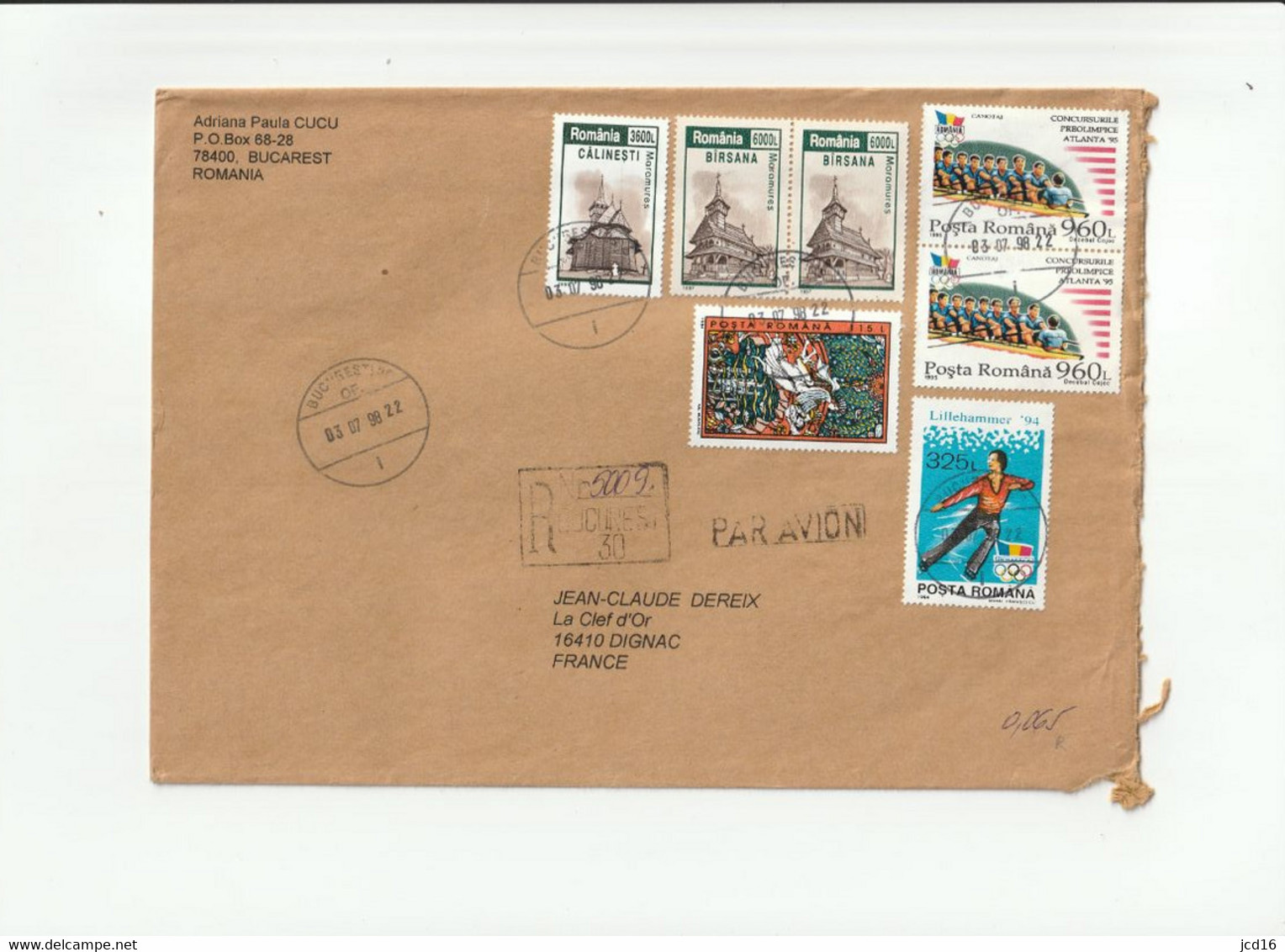 ROUMANIE ENVELOPPE 7 Timbres YT N° 4301E, 4147, 4139, 4376 & 4377  Adriana CUCU  Bucarest 1998 - Marcophilie