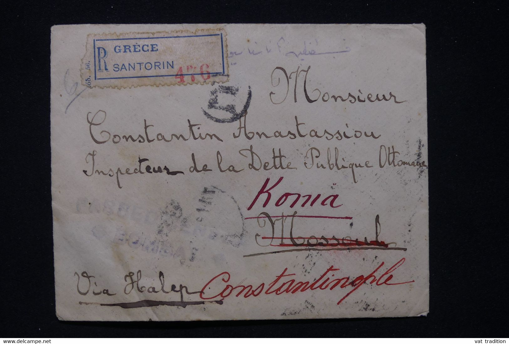GRECE - Enveloppe En Recommandé De Santorin Pour Mossoul Et Redirigé Vers Constantinople En 1919, Aff. Au Dos - L 96677 - Storia Postale
