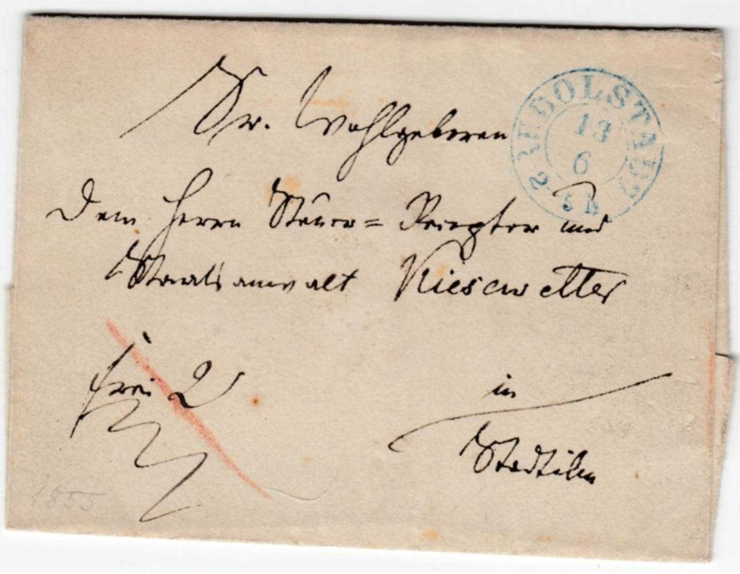 Thurn & Taxis - Rudolstadt (ca. 1855), Blauer K2 A. Francobrief N. Stadtilm - Andere & Zonder Classificatie