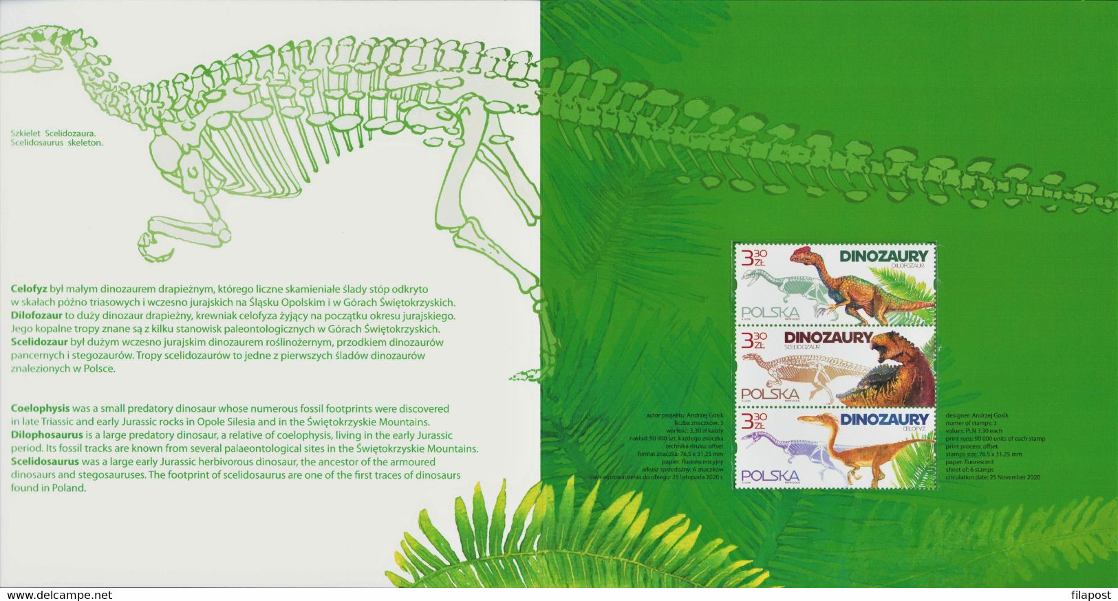 Poland 2020 Booklet / Appearance And Skeletons Of Dinosaurs Found In Poland, Dino, Dinosaur / With 3 Stamps MNH** FV - Prehistorics