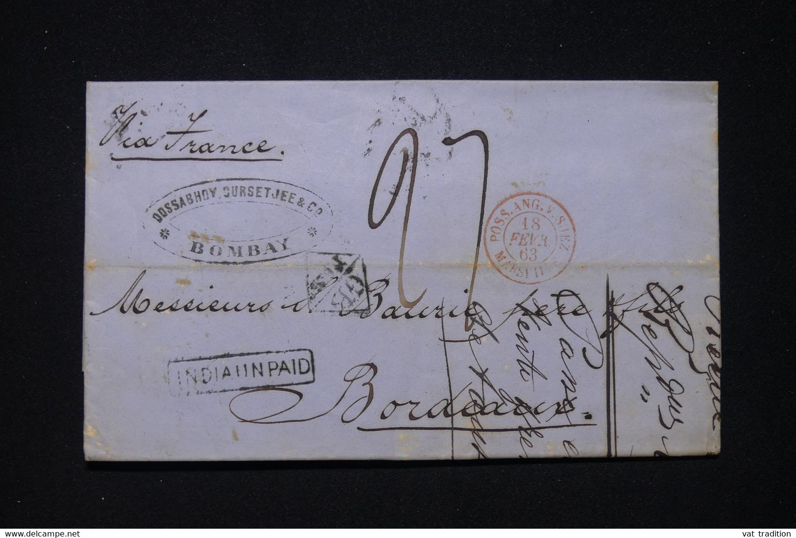 INDE - Lettre De Bombay Pour La France En 1863, Cachet D'entrée En Rouge " Poss.Ang.V. Suez Marseille "- L 96687 - 1858-79 Crown Colony