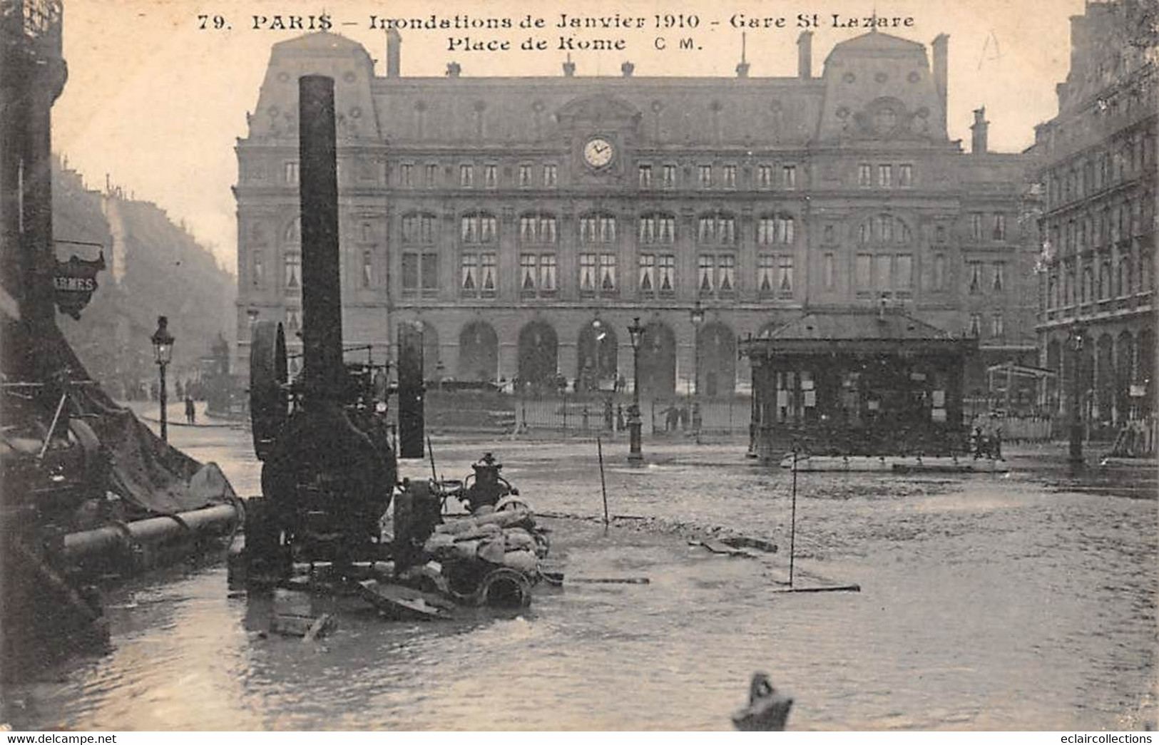 Paris     75008     Inondations 1910  . Gare Saint Lazare Et Place De Rome   (voir Scan) - De Overstroming Van 1910