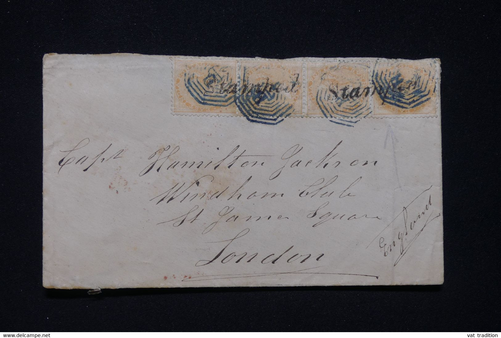 INDE - Enveloppe Pour Londres En 1871, Affr. Victoria Avec Griffe " Stampaid ", Cachet De Calcutta Au Verso  - L 96693 - 1858-79 Compagnia Delle Indie E Regno Della Regina