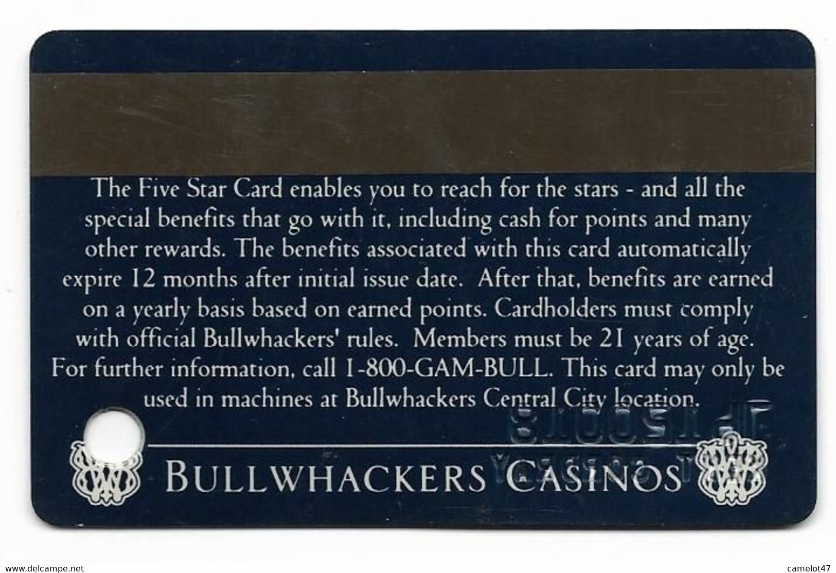 Bullwhackers Casinos, Black Hawk, CO, U.S.A. Used, Older Slot Or Player's Card, # Bullwhackers-2 - Casinokaarten