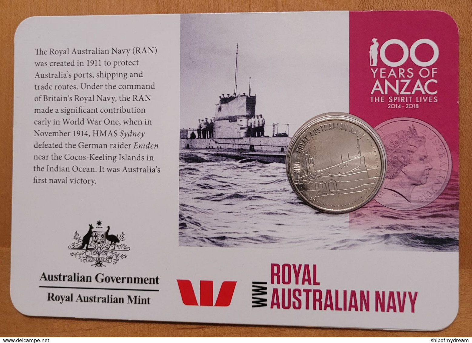 Australia 20 сent 2015. Royal Australian Navy - Submarine. Original Coincard. - 20 Cents