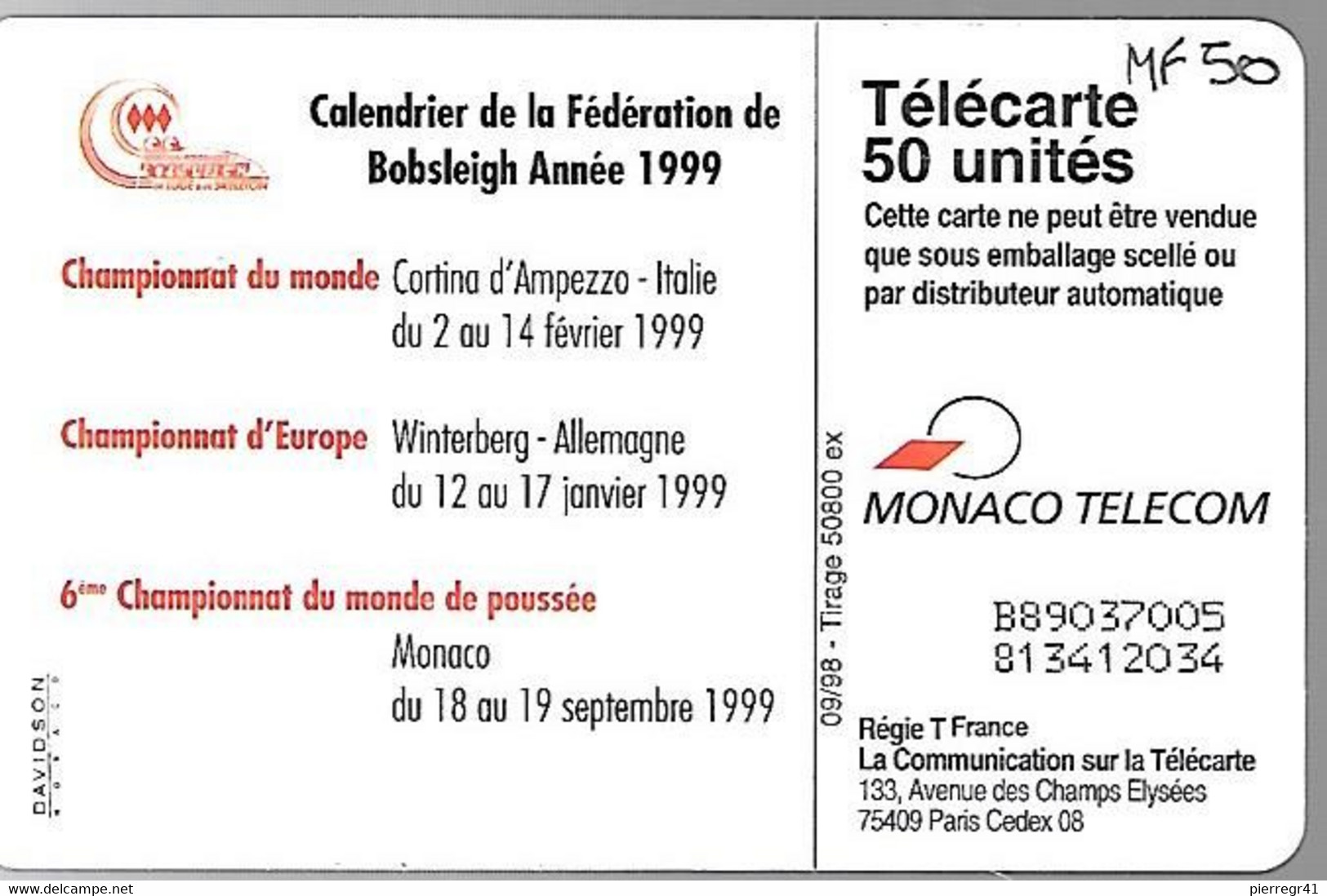 CARTE-PUBLIC-MONACO-50U-MF50-GEM B-09/98-BOBSLEIG-Série7005-Utilisé-TBE- - Monaco