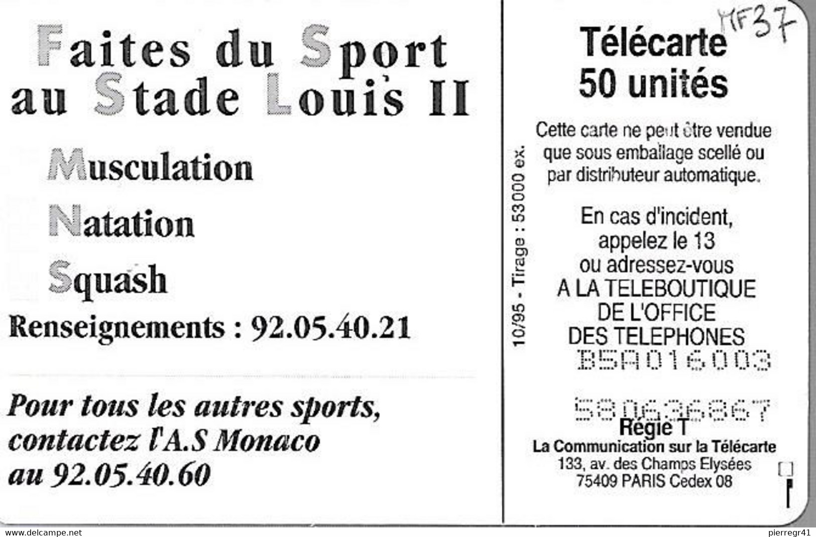 CARTE-PUBLIC-MONACO-50U-MF37-GEM B-010/95-STADE LOUIS II-Série 6003- UTILISE-BE - Mónaco