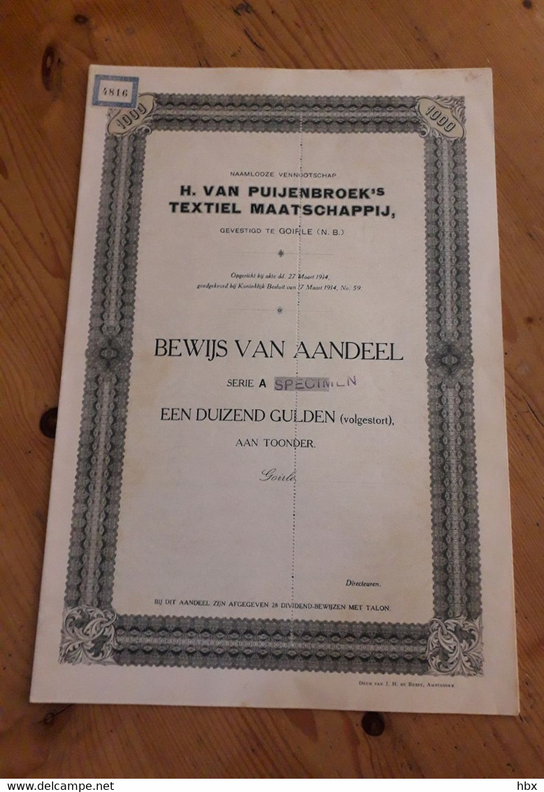 H. Van Puijenbroek Textiel Maatschappij  - Goirle - Specimen - 1914 - Textile