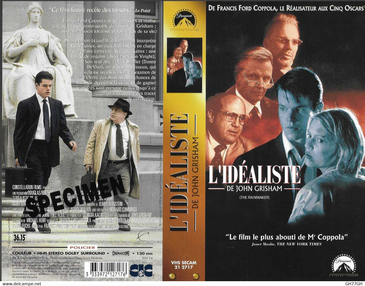 "L'IDEALISTE" -jaquette SPECIMEN Originale CIC VIDEO -the Rainmaker -de John Grisham - Acción, Aventura