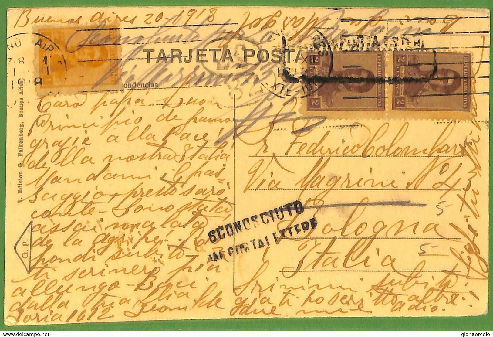 98661 - ARGENTINA - POSTAL HISTORY - POSTCARD To  ITALY - 1918 - Autres & Non Classés