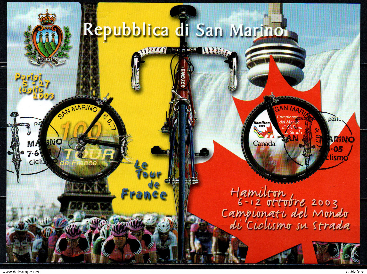 SAN MARINO - 2003 - CENTENARIO DEL TOUR DI FRANCIA E MONDIALI DI CICLISMO SU STRADA - FOGLIETTO - SOUVENIR SHEET - USATI - Used Stamps