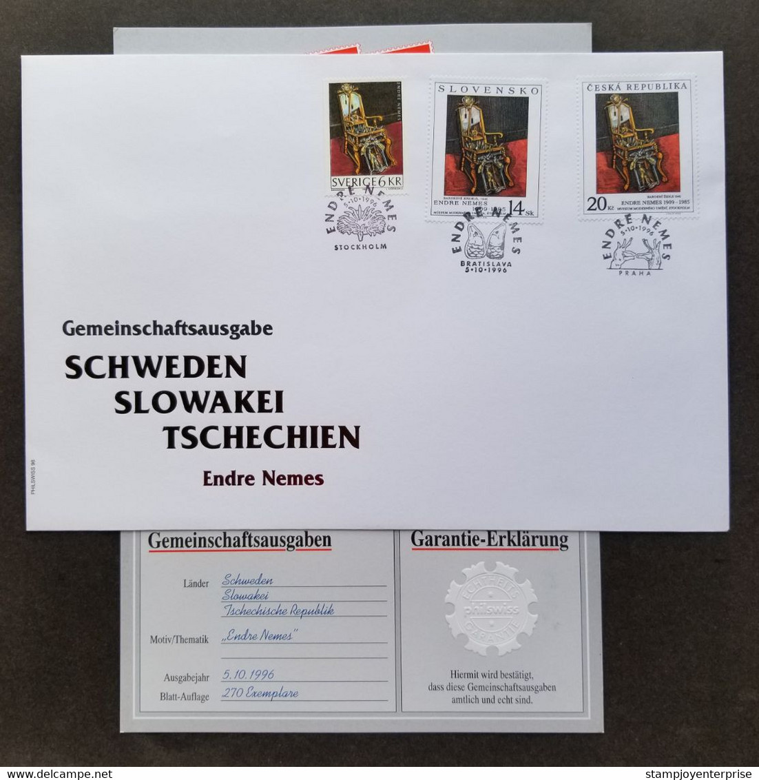 Sweden - Czech Republic - Slovakia Joint Issue Nemes Endre Painting 1996 (joint FDC) *dual PMK *guaranty Card *limited - Lettres & Documents