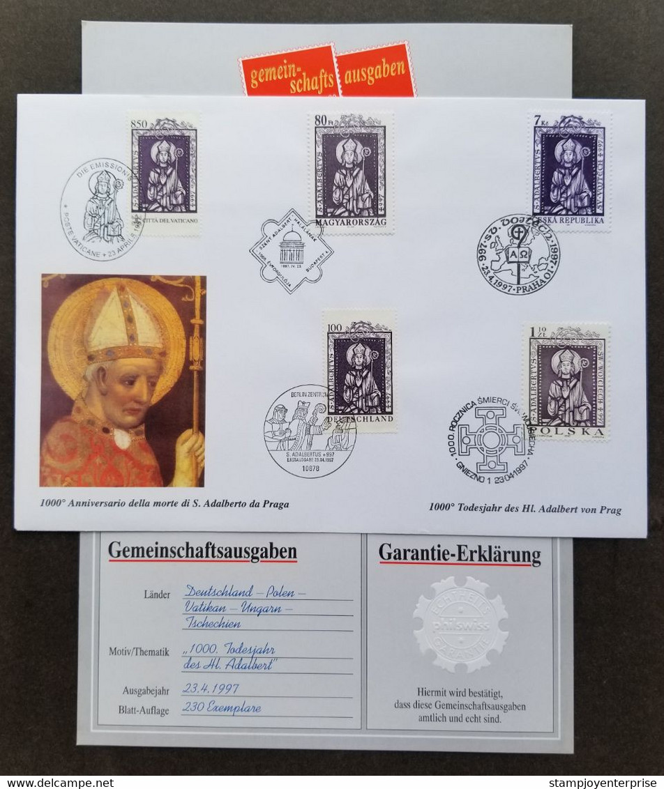 Vatican - Poland - Czech - Hungary - Germany Joint Issue St. Adalbert 1997 (joint FDC) *guaranty Card *limited - Cartas & Documentos