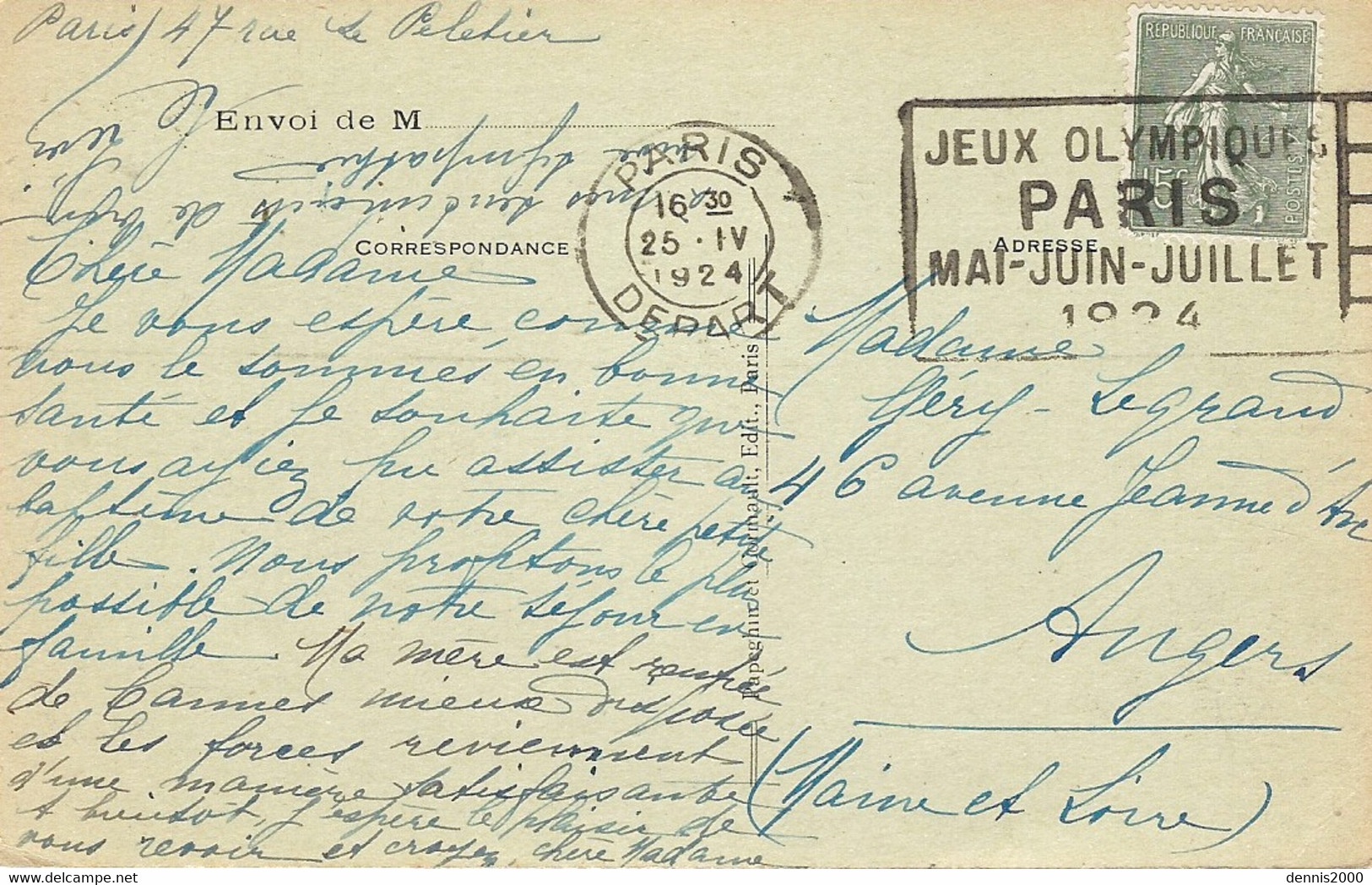 1924- C P A Affr.15 C Oblit. Frankers " JEUX OLYMPIQUES /PARIS / MAI-JUIN-JUILLET / 1924 " De PARIS / DEPART - Summer 1924: Paris