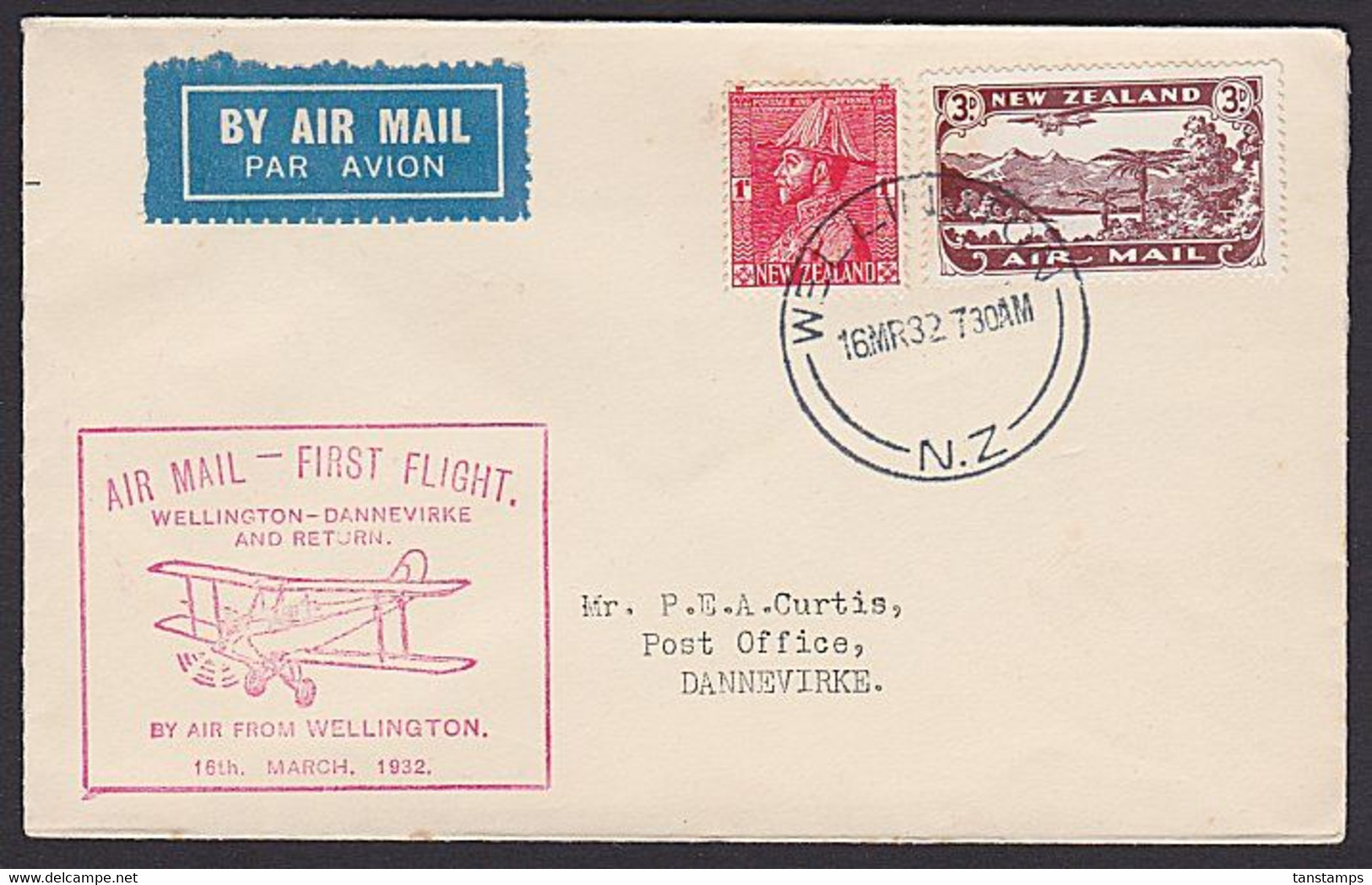 SPECIAL FLIGHT 1932 WELLINGTON - DANNEVIRKE * - Corréo Aéreo