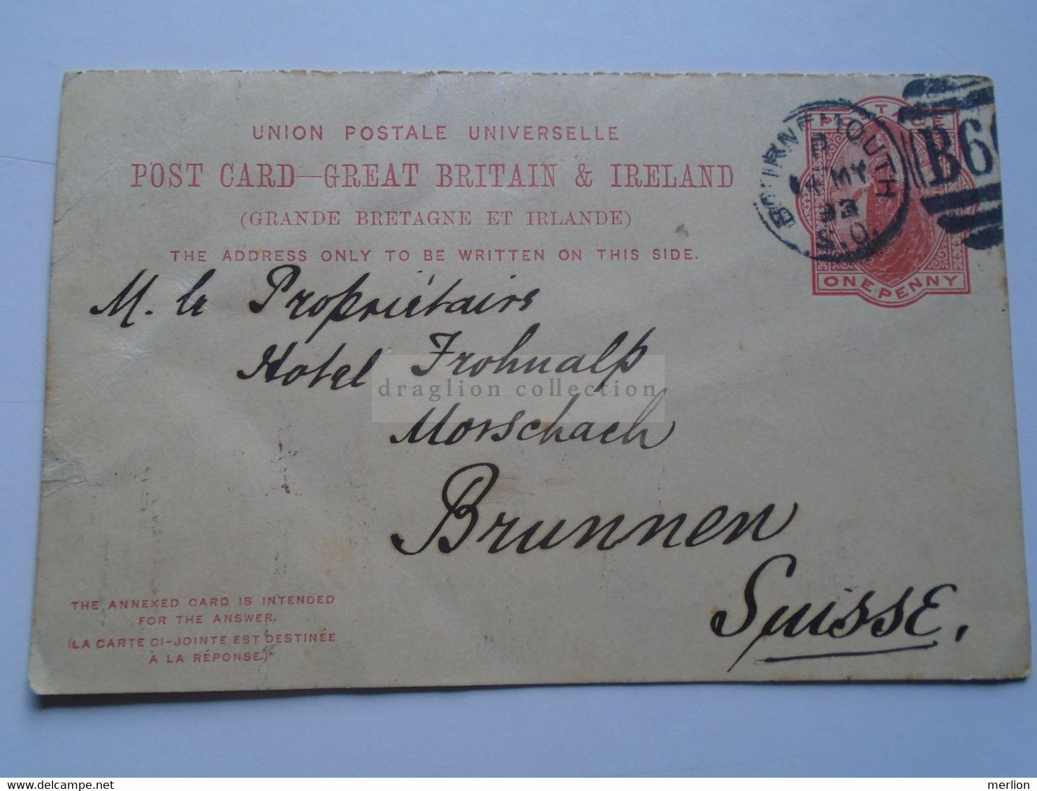 D178778  Great Britain  Postal Stationery 1893   Bournemouth - Sent To MORSCHACH, Brunnen -Switzerland  + Reply Card - Postwaardestukken