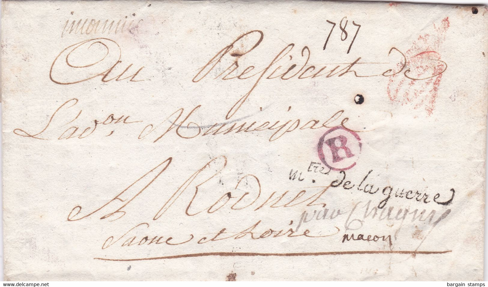 France - 1ère Marque Du Bureau Des Rebuts "R" Rouge Sur Lettre + M.tre De La Guerre - An VI - 25 Décembre 1797 - Rare - 1701-1800: Voorlopers XVIII