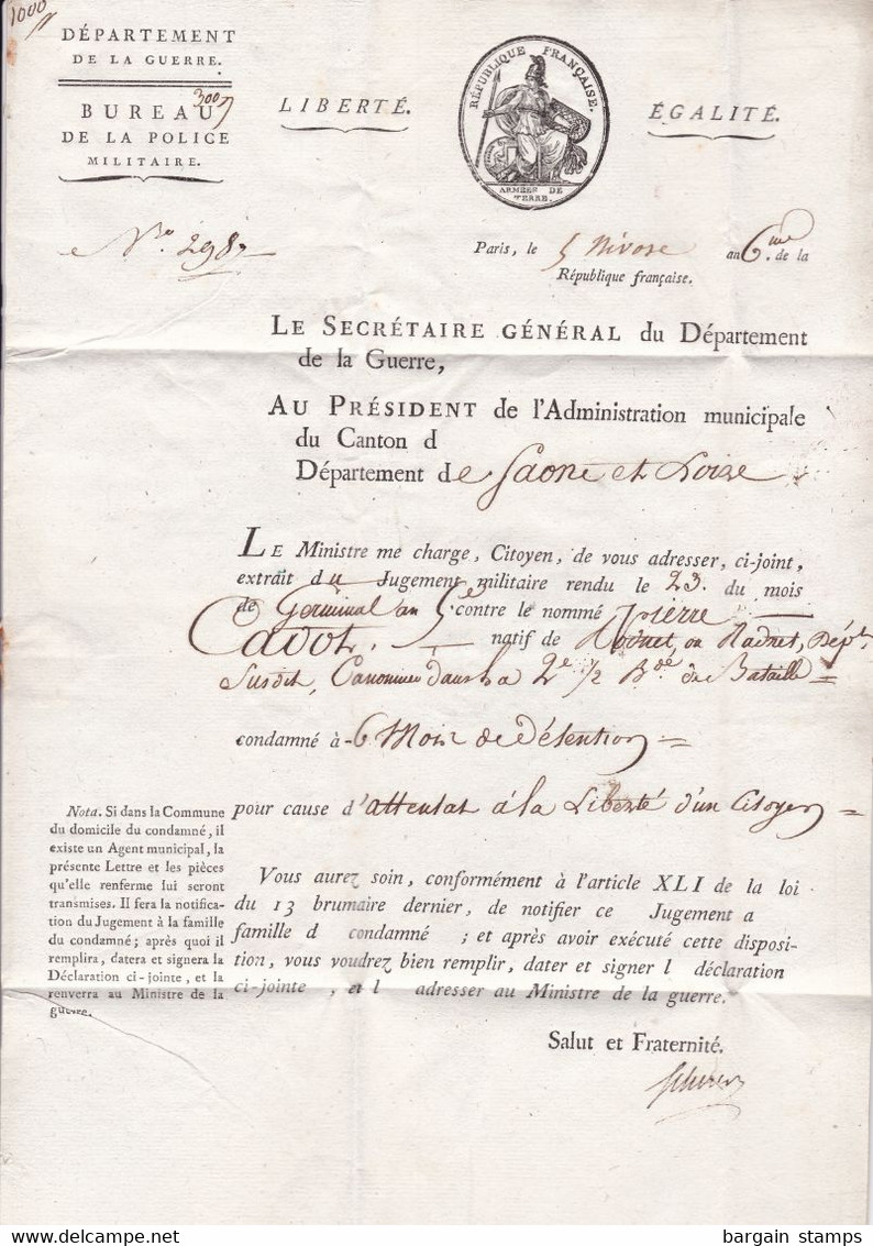 France - 1ère Marque Du Bureau Des Rebuts "R" Rouge Sur Lettre + M.tre De La Guerre - An VI - 25 Décembre 1797 - Rare - 1701-1800: Voorlopers XVIII