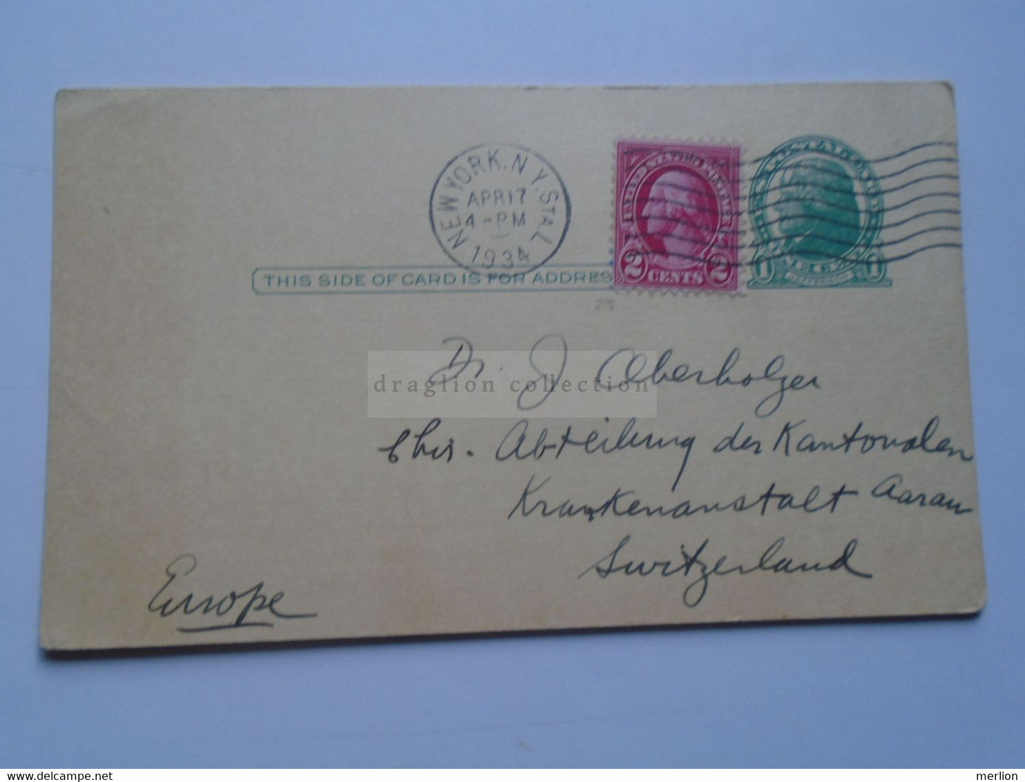 D178792 USA -Postal Stationery Cancel - Ca 1934 New York -Hospital For Joint Diseases Madison Avenue - To Switzerland - 1921-40