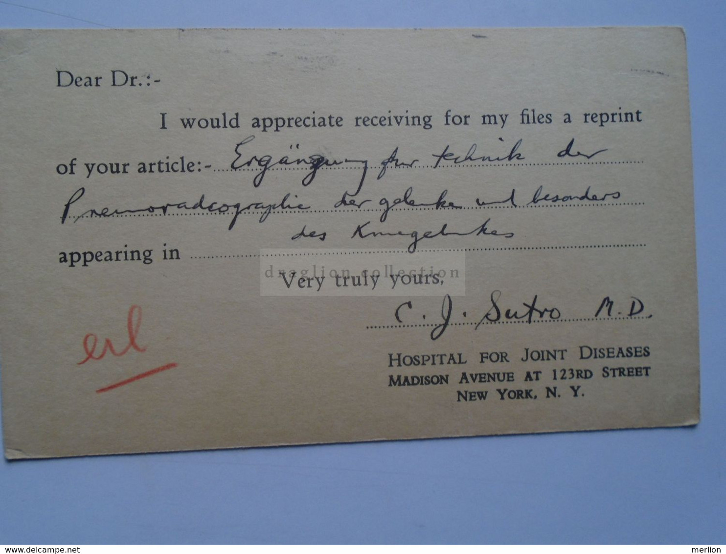 D178793 USA -Postal Stationery Cancel - Ca 1937 New York -Hospital For Joint Diseases Madison Avenue - To Switzerland - 1921-40