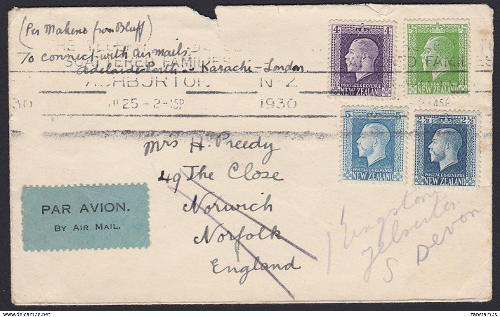 NEW ZEALAND - ENGLAND 1930 AIRMAIL COVER VIA KARACHI ROUTE * - Corréo Aéreo