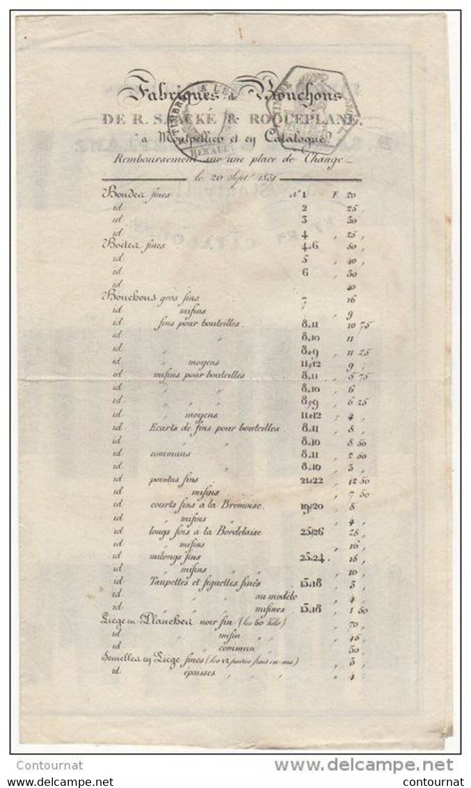 34 MONTPELLIER TARIF PRIX COURANT 1831 Fabrique De BOUCHONS  SAACKE & ROQUEPLANE  -   B11 Herault - 1800 – 1899