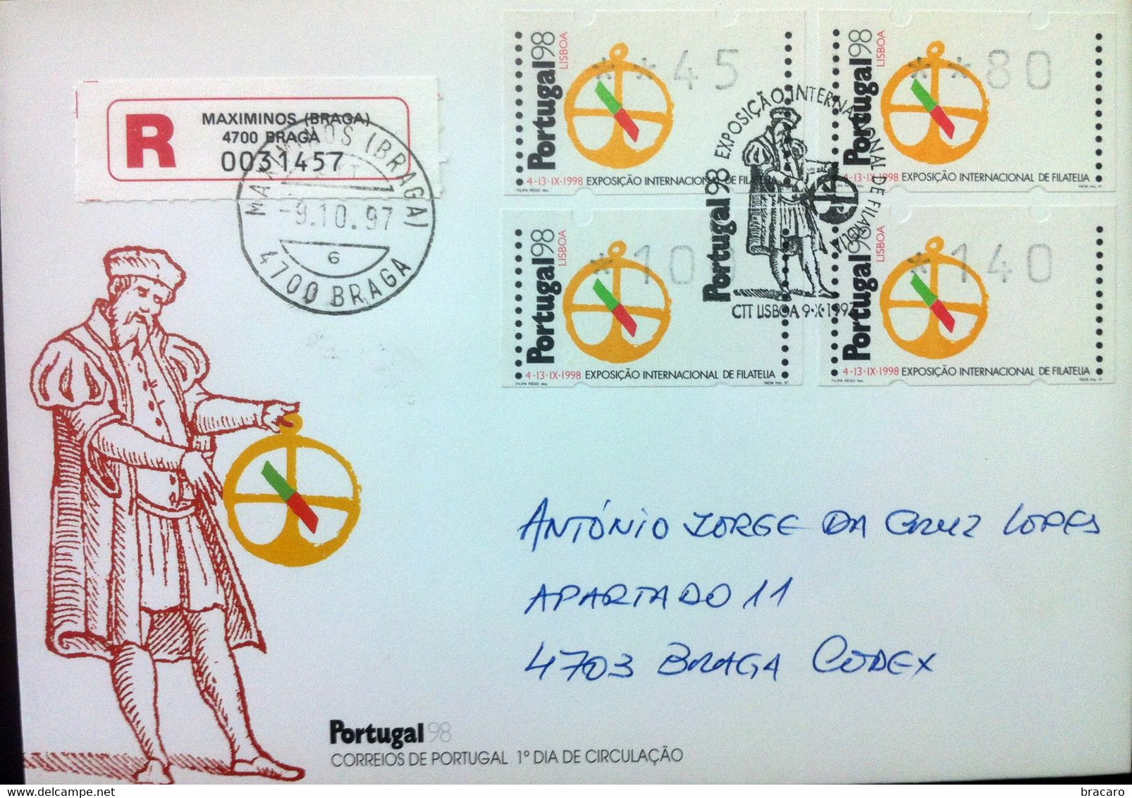 Portugal - ATM Machine Stamps - FDC (cover) - Portugal'98 Exposição De Filatelia - Circulated, Registered, Cancel Braga - Franking Machines (EMA)