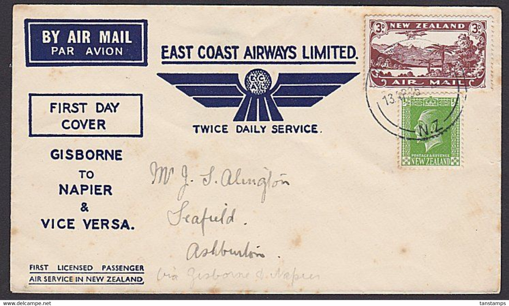 1935 EAST COAST AIRWAYS ASHBURTON - NAPIER FLIGHT COVER * - First Flight Covers