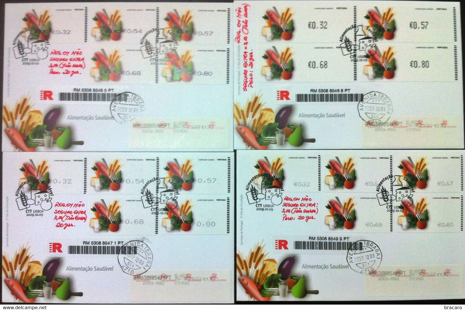 Portugal - ATM Machine Stamps - FDC (cover) X 4 - Alimentação Saudável 2009 - Registered, Cancel Braga - Máquinas Franqueo (EMA)