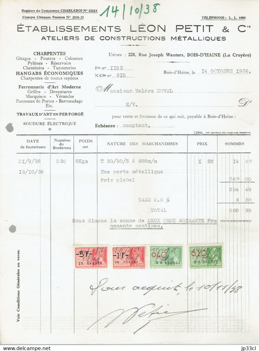 Ancienne Facture Des Ets Léon Petit & Cie (Constructions Métalliques), Rue J. Wauters, Bois-d'Haine (14/10/1938) - Other & Unclassified