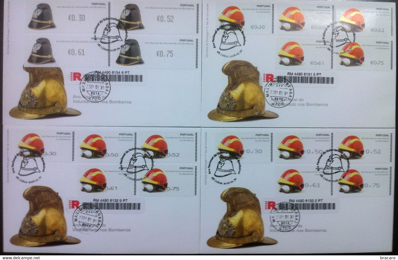 Portugal - ATM Machine Stamps - FDC (cover) X 4 - BOMBEIROS / FIREMEN 2008 - Registered, Cancel Braga - Franking Machines (EMA)