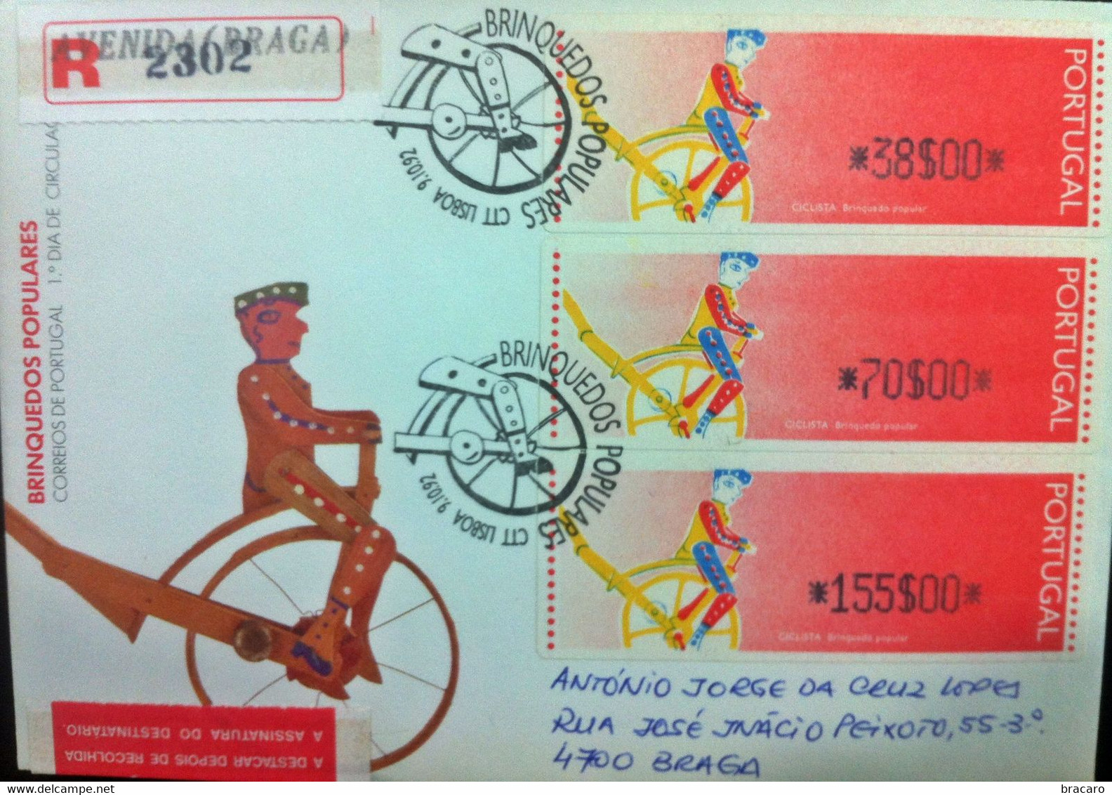 Portugal - ATM Machine Stamps - FDC (cover) - BRINQUEDOS POPULARES CICLISTA 1992 - Circulated, Registered, Cancel Braga - Maschinenstempel (EMA)