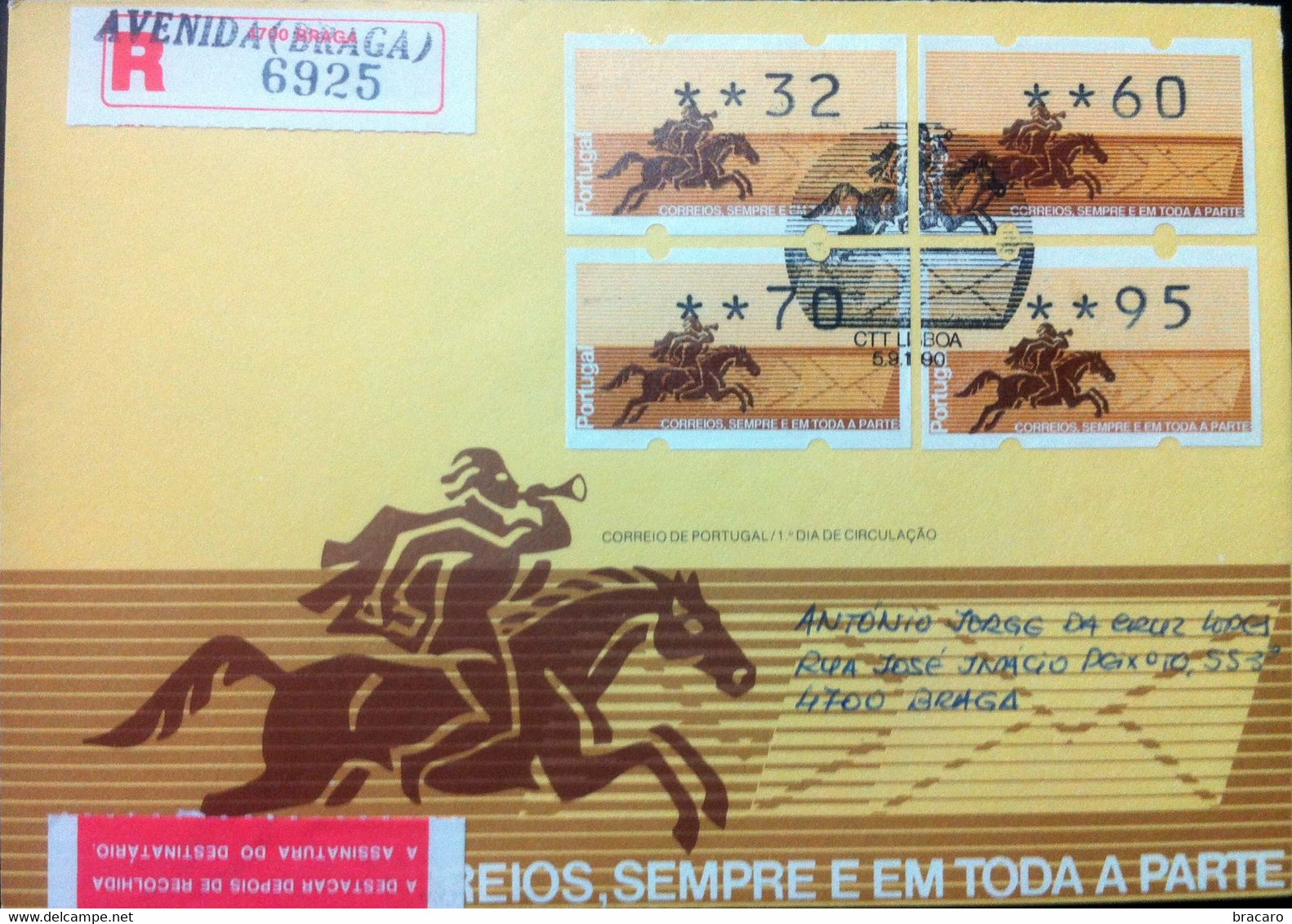 Portugal - ATM Machine Stamps - FDC (cover) - CORREIOS SEMPRE E EM TODA A PARTE 1990 Circulated, Registered Cancel Braga - Máquinas Franqueo (EMA)