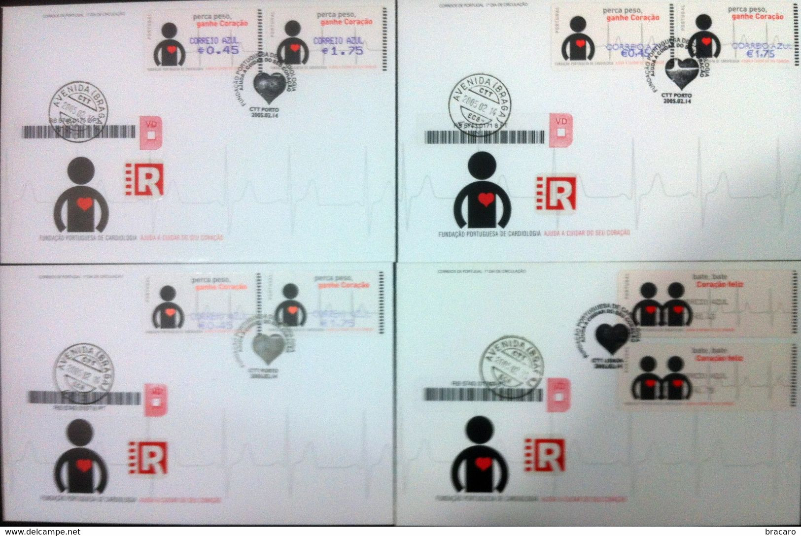 Portugal - ATM Machine Stamps - FDC (cover) X 4 - CORAÇÃO / CARDIOLOGIA 2005 - CORREIO AZUL Registered, Cancel Braga - Franking Machines (EMA)