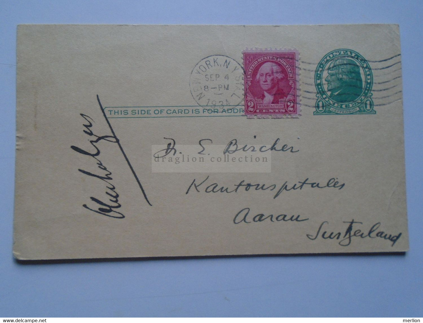 D178794 USA -Postal Stationery Cancel - Ca 1934 New York -Hospital For Joint Diseases Madison Avenue - To Switzerland - 1921-40