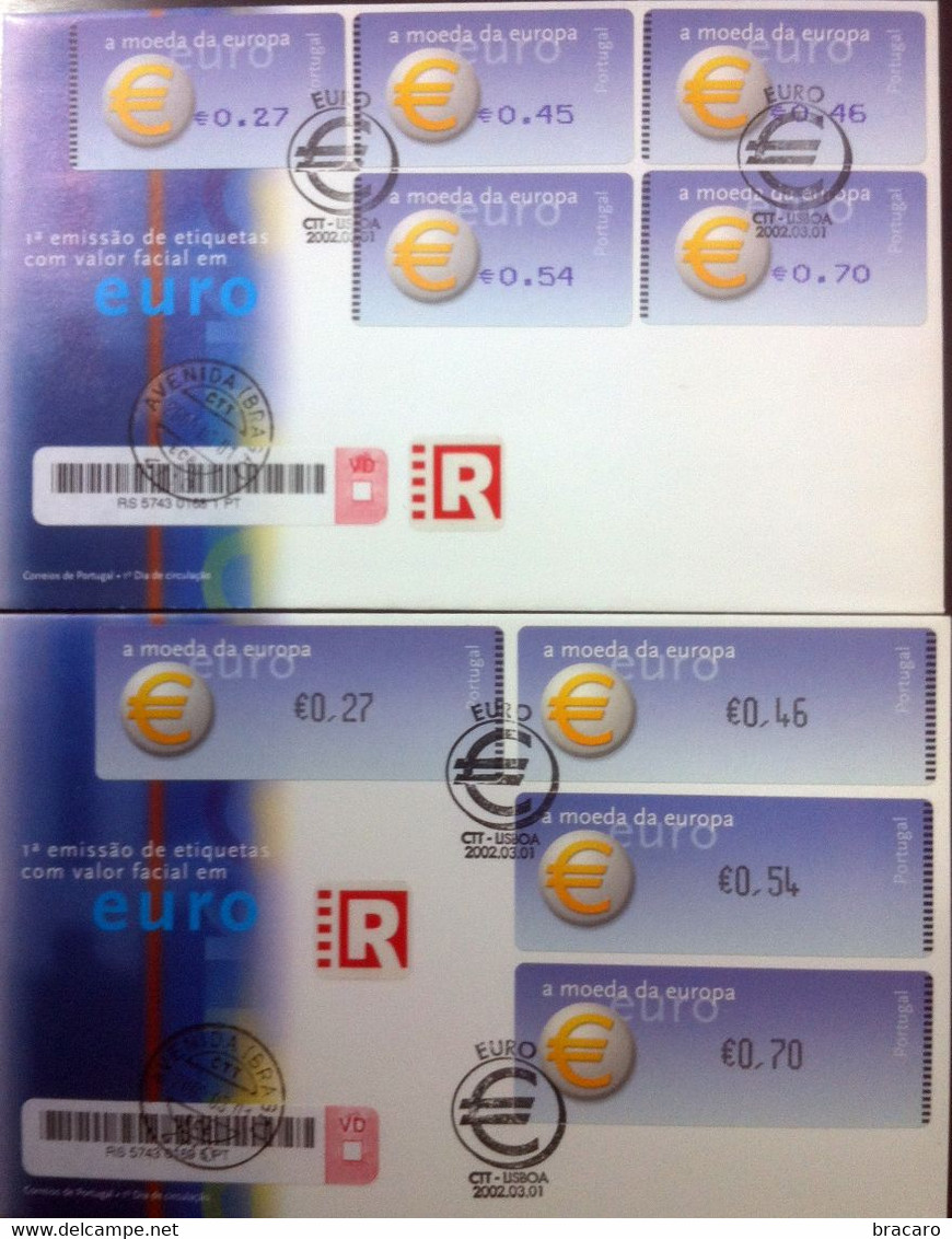 Portugal - ATM Machine Stamps - FDC (cover) X 2 - EURO A MOEDA DA EUROPA 2002 - Registered, Cancel Braga - Franking Machines (EMA)