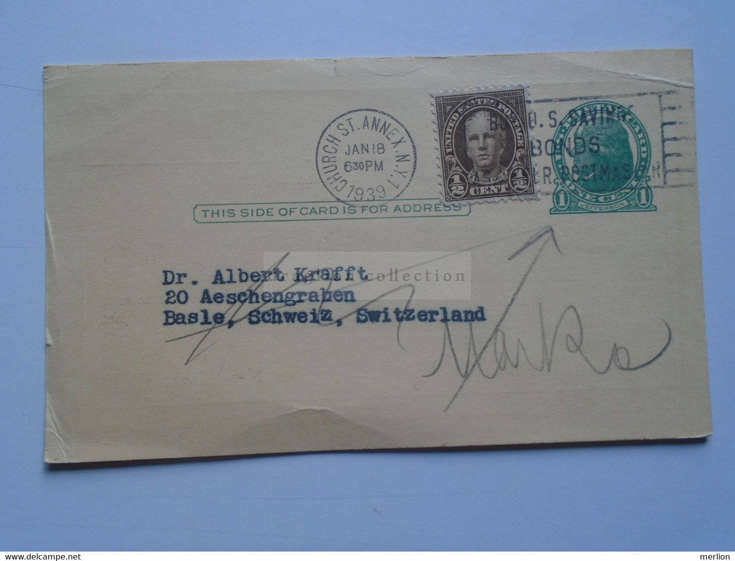 D178796 USA -Postal Stationery Cancel - 1939 New York  Thomas Gibson Inc. - Sent To Basle Basel   Switzerland - 1921-40