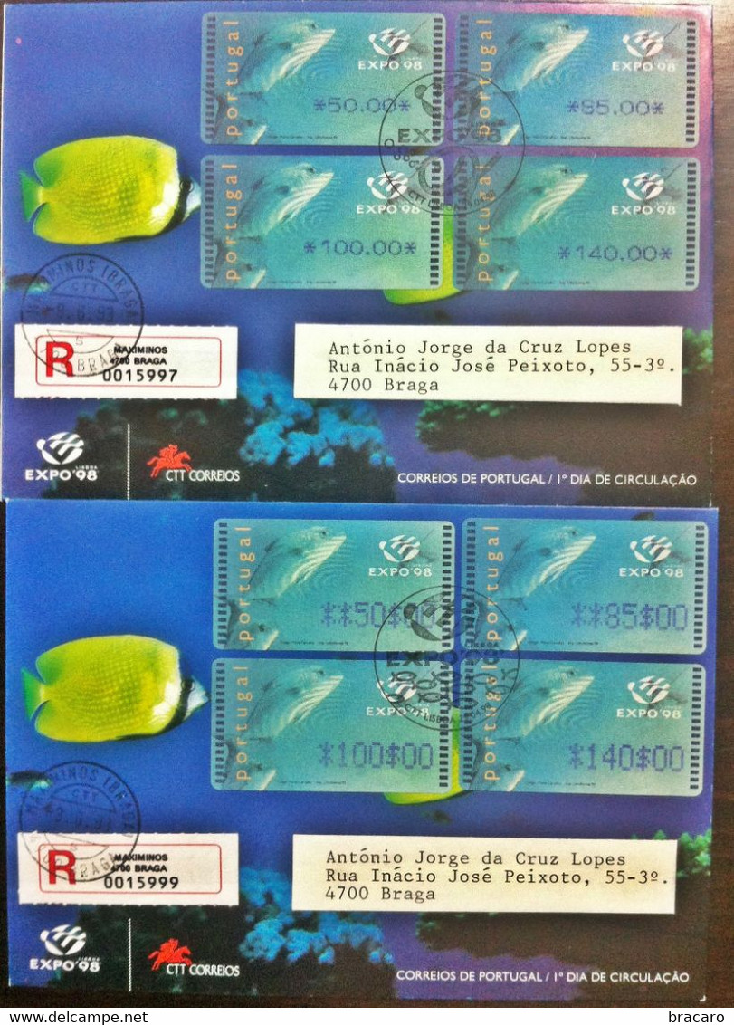 Portugal - ATM Machine Stamps - FDC (cover) X 2 - EXPO'98 1998 - Circulated, Registered, Cancel Braga - Frankeermachines (EMA)