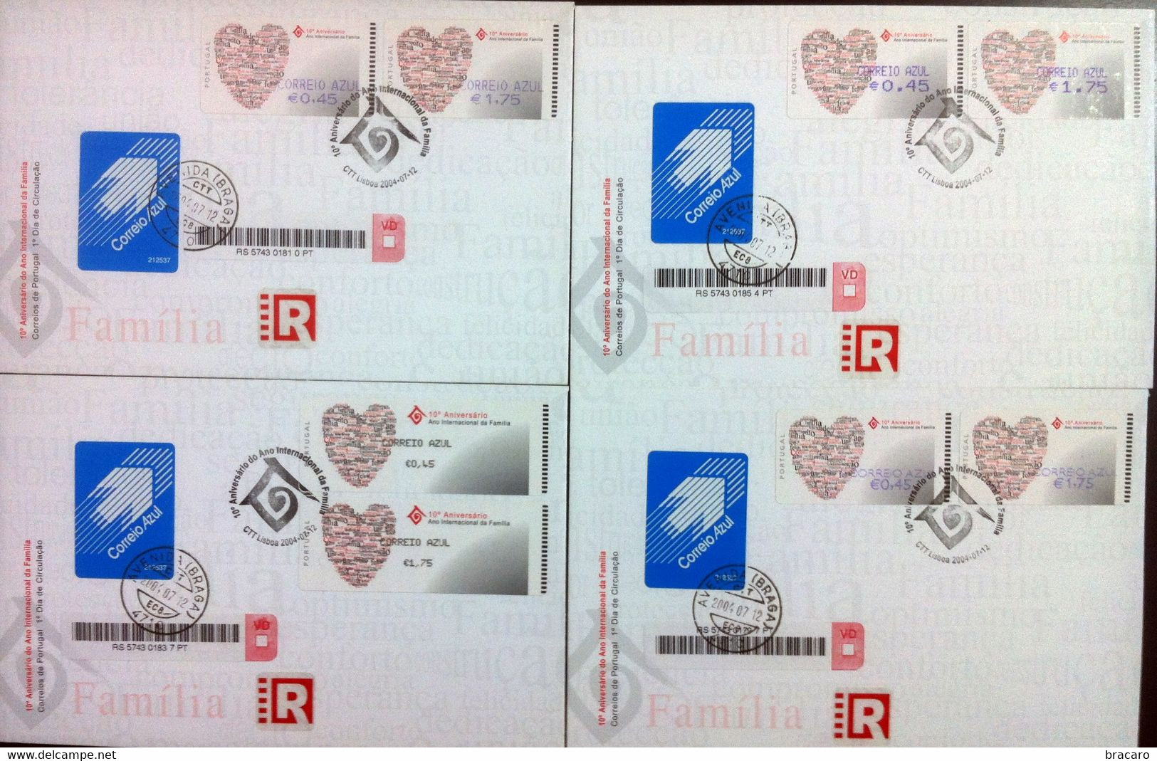 Portugal - ATM Machine Stamps - FDC (cover) X 4 - ANO INTERNACIONAL FAMÍLIA 2004 - CORREIO AZUL Registered, Cancel Braga - Frankeermachines (EMA)