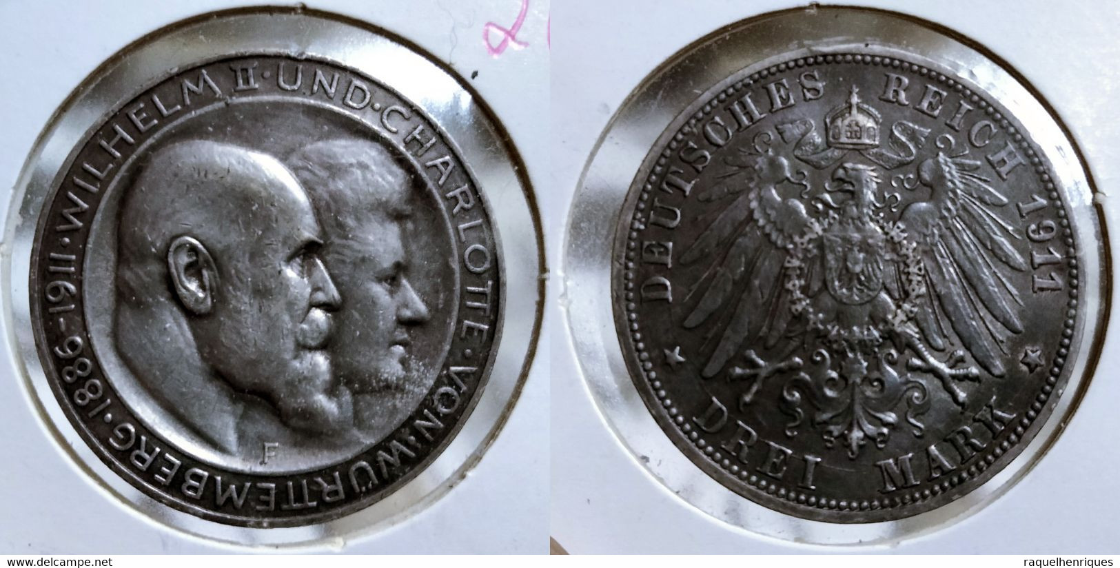 GERMANY - GERMAN STATES - WURTTEMBERG 3 MARK 1911 F Km#636 SILVER (G#04-26) - 2, 3 & 5 Mark Argent