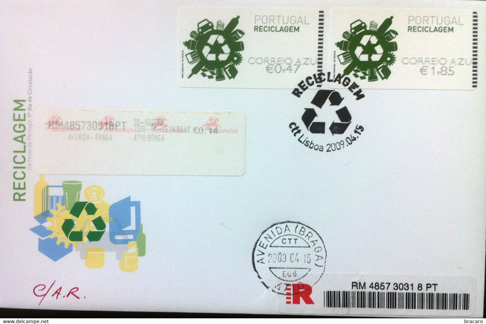 Portugal - ATM Machine Stamps - FDC (cover) X 4 - RECICLAGEM 2009 - CORREIO AZUL Registered, Cancel Braga - Franking Machines (EMA)