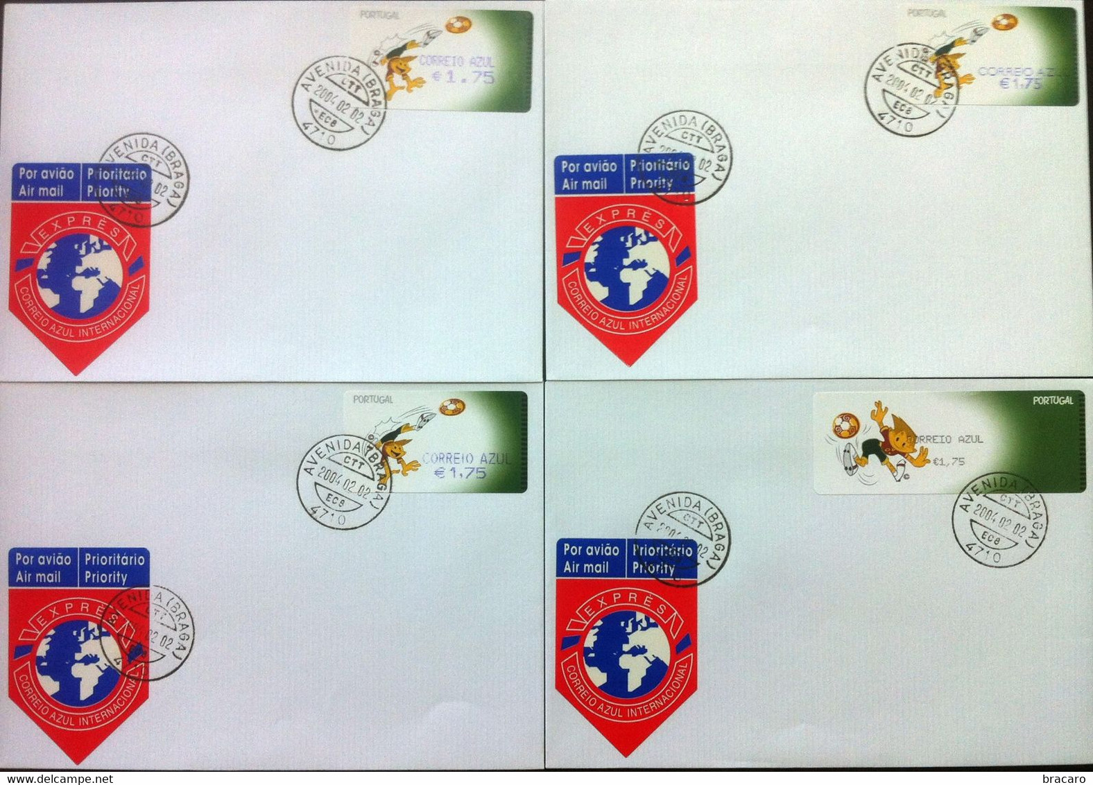 Portugal - ATM Machine Stamps - Cover X 8 - EURO'04 2004 (futebol / Football) - CORREIO AZUL, Cancel Braga - Máquinas Franqueo (EMA)