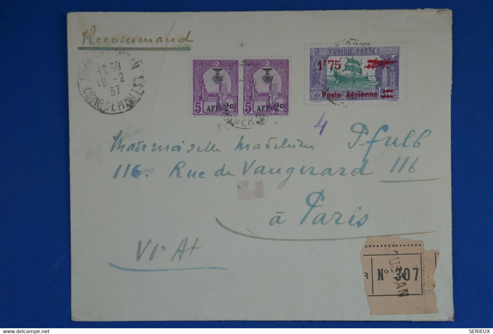 R14 TUNISIE BELLE LETTRE RECOM.1935 TUNIS POUR PARIS FRANCE+ PAIRE DE T.+ POSTE AERIENNE+ AFFRANCHISSEMENT INTERESSANT - - Airmail