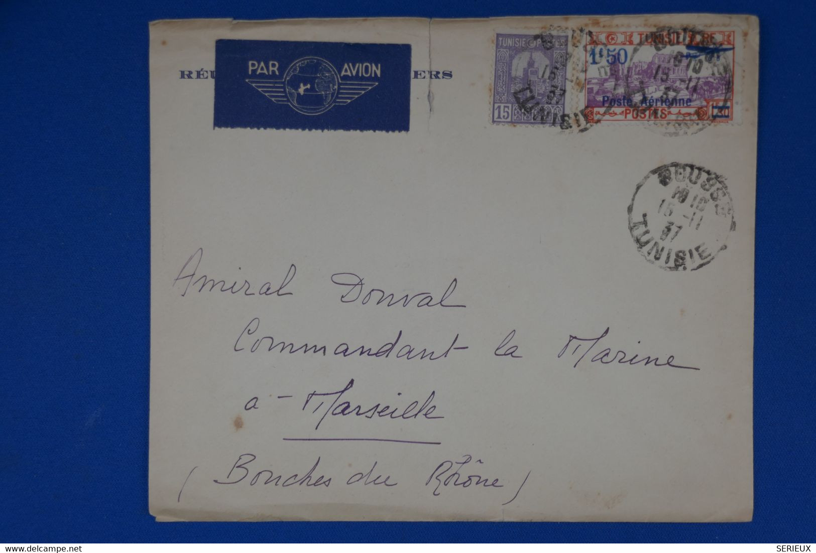 R14 TUNISIE BELLE LETTRE 1937 SOUSSE POUR MARSEILLE FRANCE+ POSTE AERIENNE SURCHAR+ AFFRANCHISSEMENT INTERESSANT - - Airmail